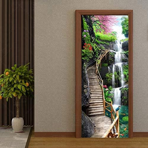 Stickere Pentru Usi - Sticker decorativ ușă 3D Autocolant ușă efect 3D realist Sticker ușă model Trepte Lângă Cascadă Autocolant adeziv ușă 78x200 cm Sticker ușă design natură Autocolant decorativ ușă peisaj natural Sticker ușă interior 3D Autocolant ușă peisaj cu cascadă Sticker ușă autoadeziv 3D Autocolant ușă efect vizual 3D