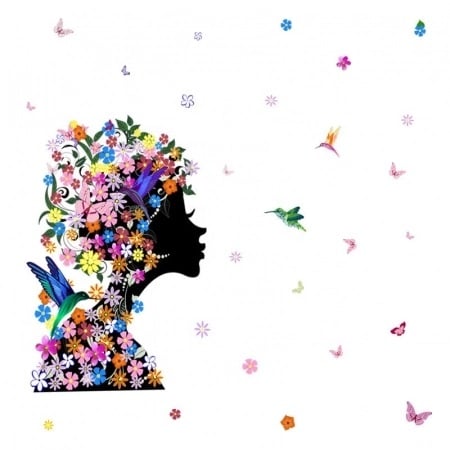 Sticker decorativ Silueta femeie cu flori si pasari Colibri [1]