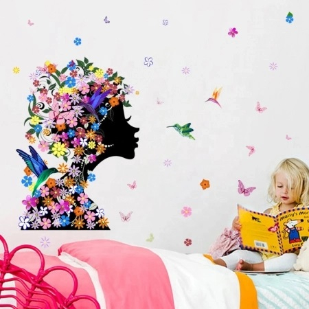 Decorațiuni - Bricolaj DIY - Sticker decorativ Silueta femeie cu flori si pasari Colibri