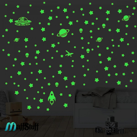 Stickere Decorative de Perete Fosforescente, Pentru Camera Copilului, Sub Forma de Stelute, Extraterestri, Planete si Nave Spatiale, Set de 278 buc [14]