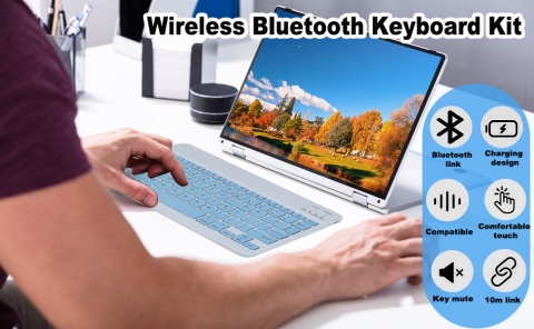 Set Tastatură și Mouse Wireless – Bluetooth, Silențios, Ultra-Subțire, Compatibil PC, Laptop, Android, iOS, Windows – Culoare Albastru [1]