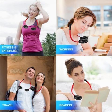 Ventilator Portabil pentru Gât cu 3 Viteze, Lumini LED, Acumulator Intern și Pastilă Aromaterapie, Roșu [12]