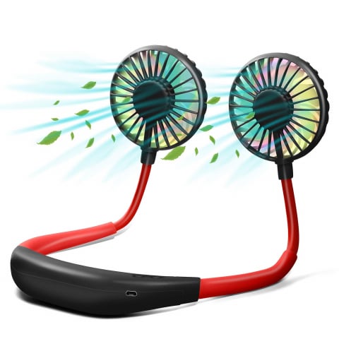 Ventilator Portabil pentru Gât cu 3 Viteze, Lumini LED, Acumulator Intern și Pastilă Aromaterapie, Roșu [16]