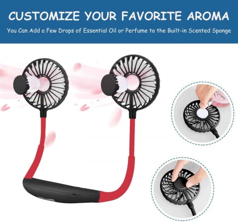 Ventilator Portabil pentru Gât cu 3 Viteze, Lumini LED, Acumulator Intern și Pastilă Aromaterapie, Roșu [14]