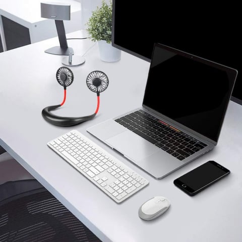 Ventilator Portabil pentru Gât cu 3 Viteze, Lumini LED, Acumulator Intern și Pastilă Aromaterapie, Roșu [1]