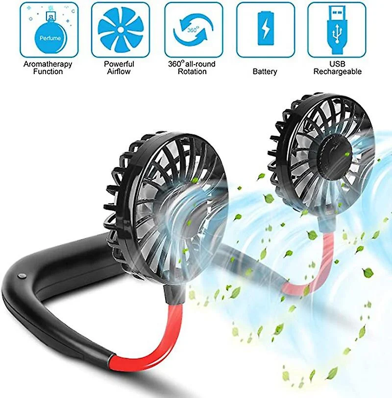 Activități Recreative - Drumeții - Ventilator Portabil pentru Gât cu 3 Viteze, Lumini LED, Acumulator Intern și Pastilă Aromaterapie, Roșu