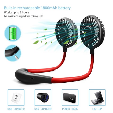 Ventilator Portabil pentru Gât cu 3 Viteze, Lumini LED, Acumulator Intern și Pastilă Aromaterapie, Roșu [6]