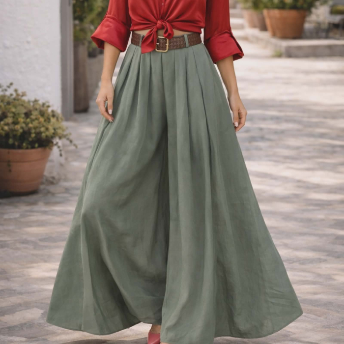 Fusta pantalon larga  din bumbac verde kaki si curea inclusa [2]