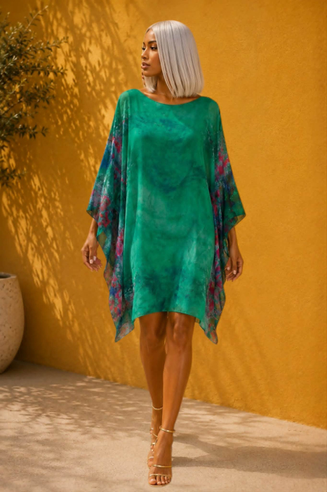 Rochie mini tip poncho din matase si vascoza  cu imprimeu floral [2]