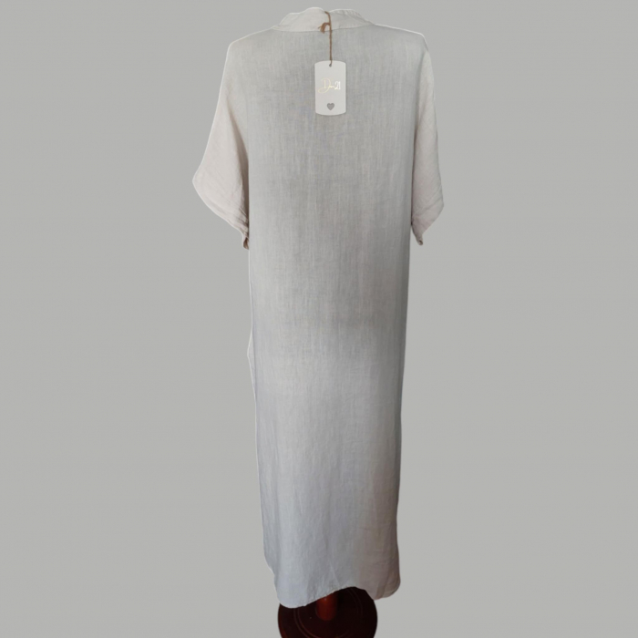 Rochie lunga din in tip tunica cu aplicatii macrame la decolteu [3]