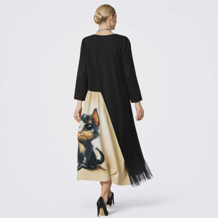 Rochie din bumbac negru cu imprimeu pisica si tulle la poale [2]