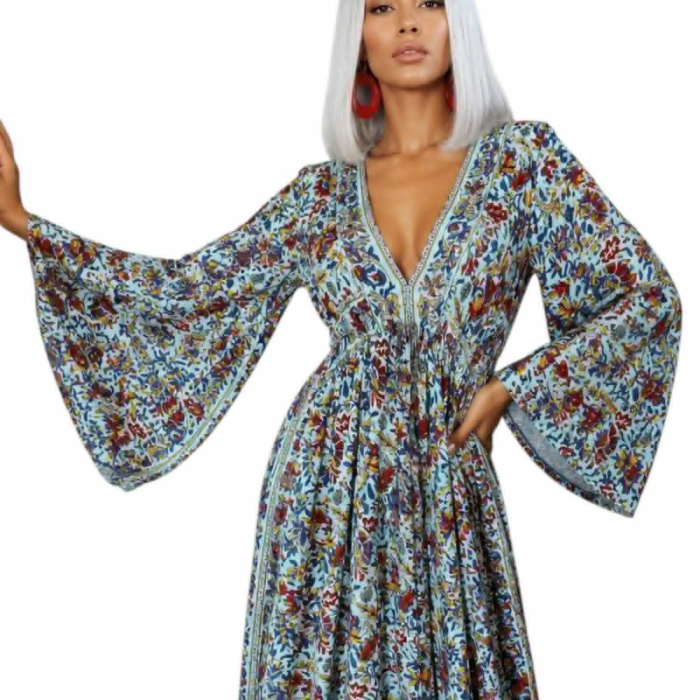 Rochie lunga din matase indiana cu imprimeu  floral si maneci clopot [2]
