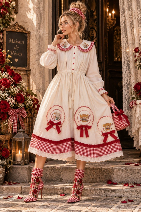 Rochie din bumbac stil romantic vintage si detalii rosii [4]