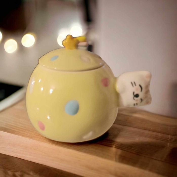 set pisica din ceramica cu lingurita si capac [2]