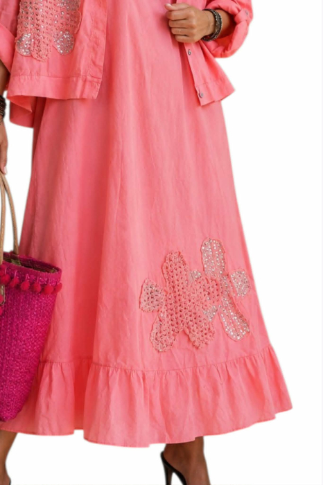 Compleu roz din bumbac  si model din macrame si paiete argintii [5]