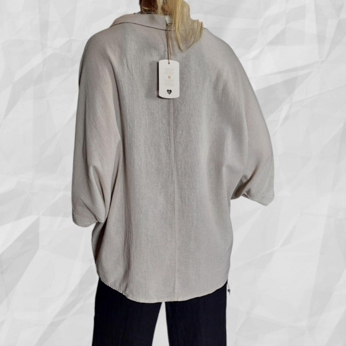 Bluza pe Fond Crem din In cu Guler Larg si Buzunare [3]