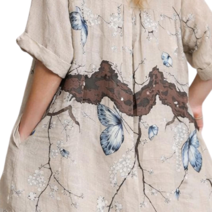 Rochie lunga asimetrica din in tip camasa cu imprimeu floral [3]