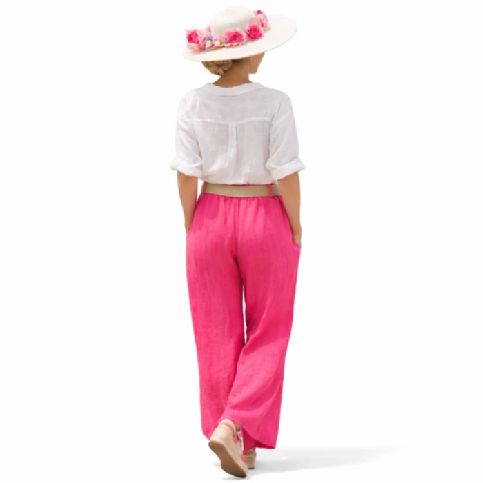 Pantaloni din in ciclam cu buzunare laterale si  curea [3]