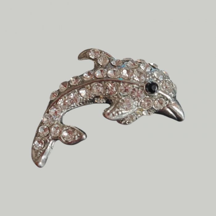 Brosa din metal inoxidabil argintiu cu strasuri in forma de delfin [1]