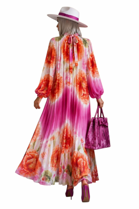 Rochie lunga din satin cu pliseuri lejere si maneci bufante [2]