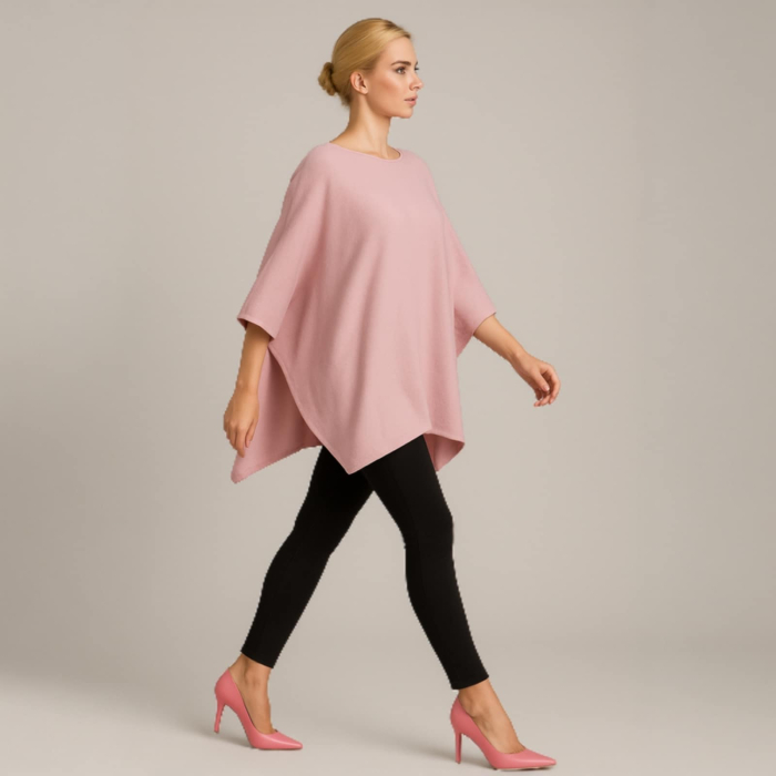 Poncho Tip Pelerina Tricotat Roz Prafuit Pentru Sezon Rece [2]