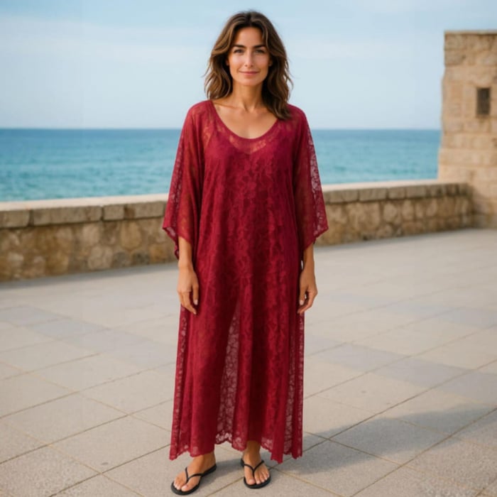 Rochie lunga tip poncho din dantela visinie [1]