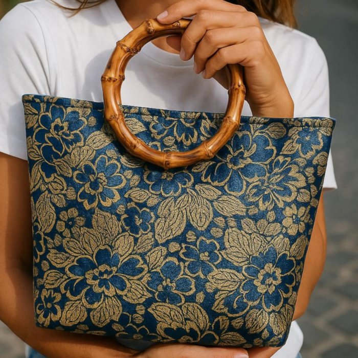 Geanta din Material Textil cu Imprimeu Floral si Manere din Lemn [2]