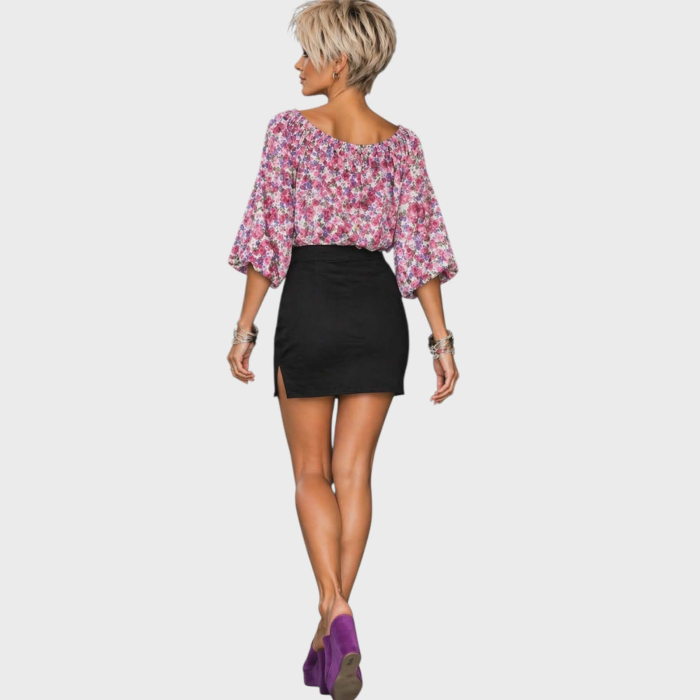 Bluza din bumbac imprimeu floral roz si elastic la decolteu [3]