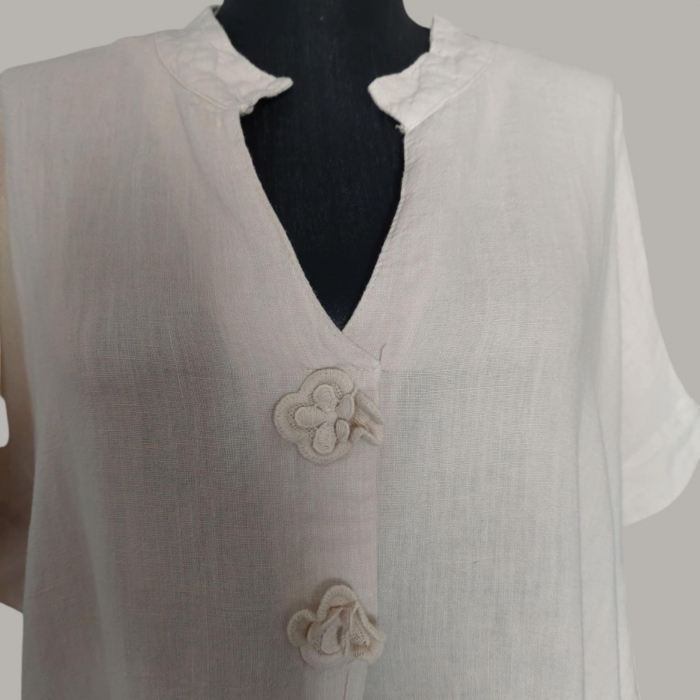 Rochie lunga din in tip tunica cu aplicatii macrame la decolteu [2]