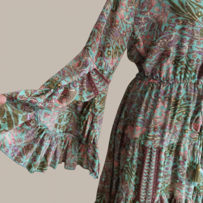 Rochie din Matase Indiana cu Decolteu Adanc si Elastic  in Talie [3]