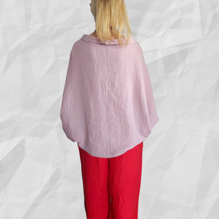 Bluza croi larg tip poncho din in roz prafuit si guler larg rotund [4]