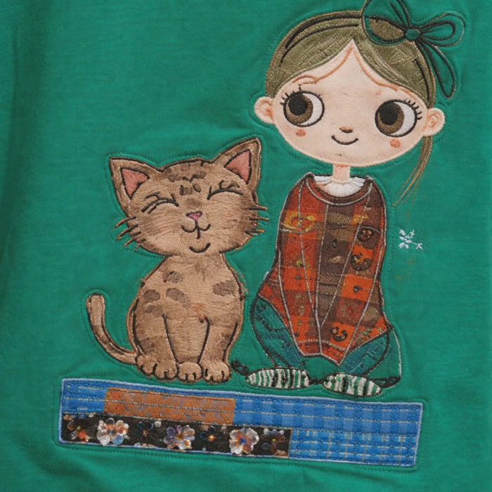 Bluza verde din bumbac cu broderie fetita cu pisica si maneci scurte [4]