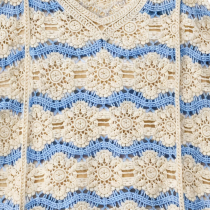 Bluza crosetata crem cu insertii bleu stil boho elegant [4]