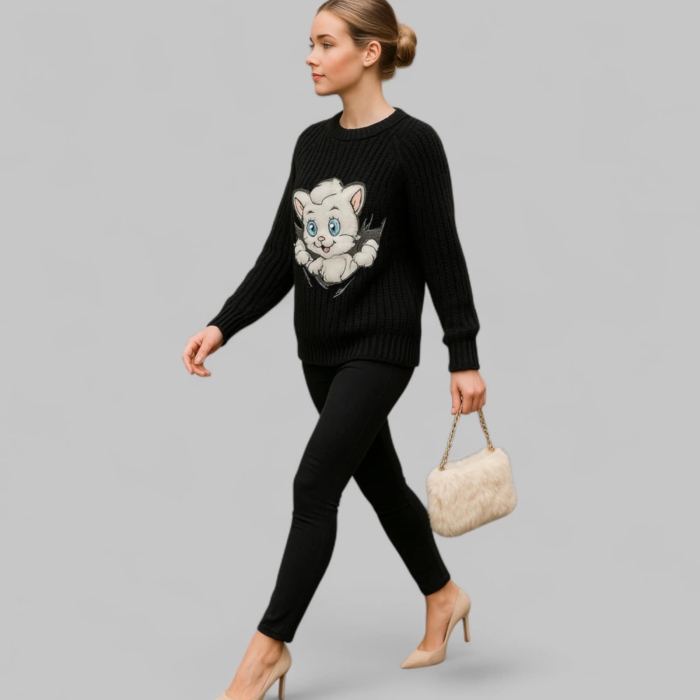 Pulover tricotat gros cu imprimeu pisica pufoasa si decolteu rotund [1]