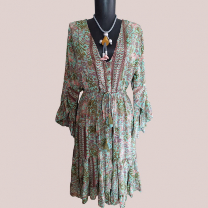 Rochie din Matase Indiana cu Decolteu Adanc si Elastic  in Talie [1]