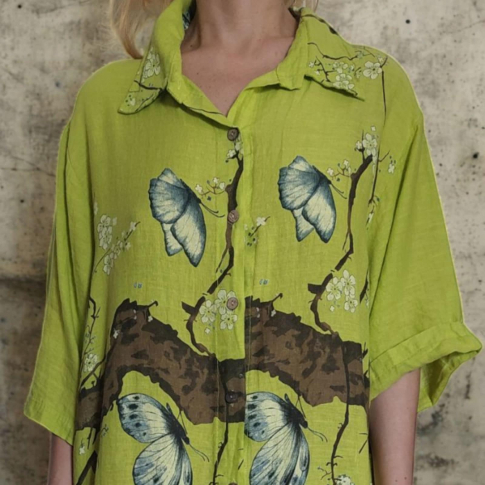 Rochie Lunga Asimetrica din In Tip Camasa cu Imprimeu Floral [2]