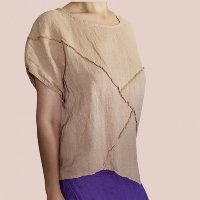 Bluza din in cu aspect zdrenturos decolteu rotund [1]