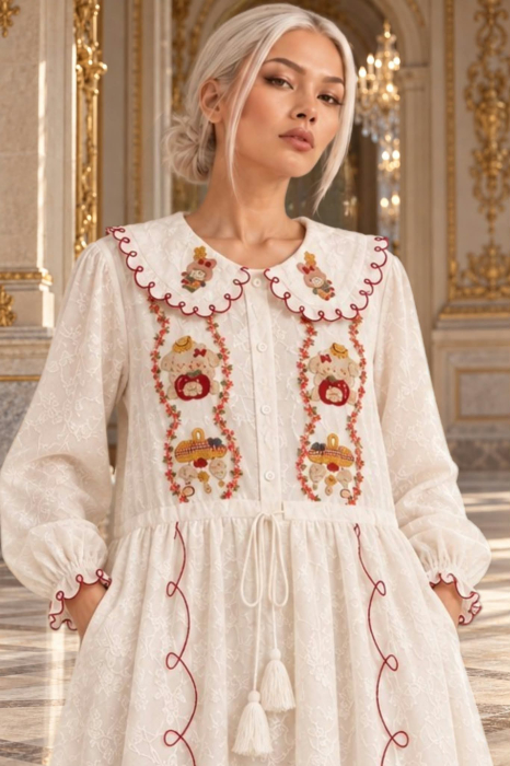 Rochie imprimeu brodat cu guler rotunjit si volane din dantela [2]
