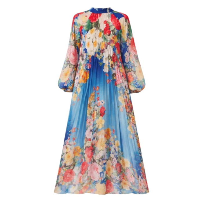 Rochie din satin lunga plisata bleumarin cu imprimeu floral multicolor [3]