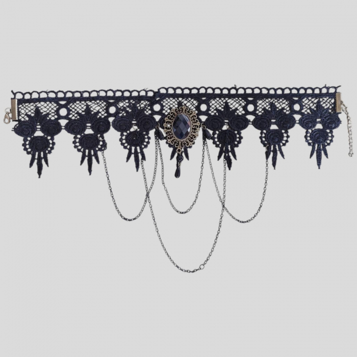 Choker din Dantela Neagra cu Pietre si Lantisoare din Metal Aramiu [2]