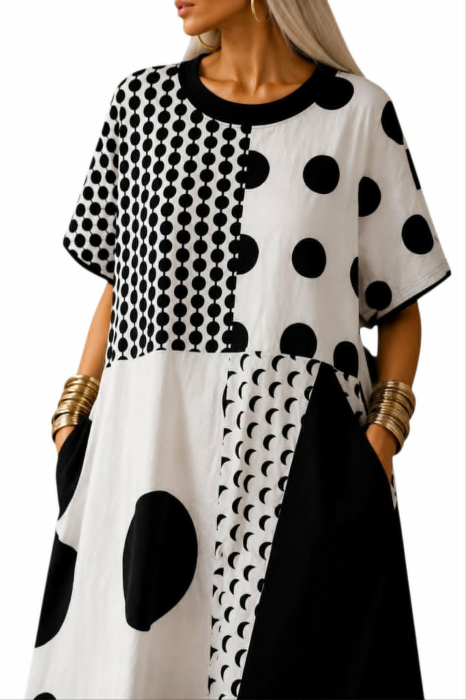 Rochie din bumbac  cu imprimeu geometric si buline [2]
