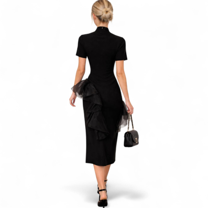 Rochie neagra tricotata midi cu volane elegante  din tulle [3]