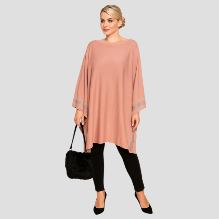 Poncho Elegant din Tricot Fin Roz Pudrat cu Strasuri Argintii pe Margini [1]