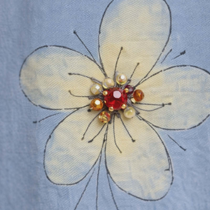 Rochie lunga din denim fin cu flori pictate si pietre colorate [2]