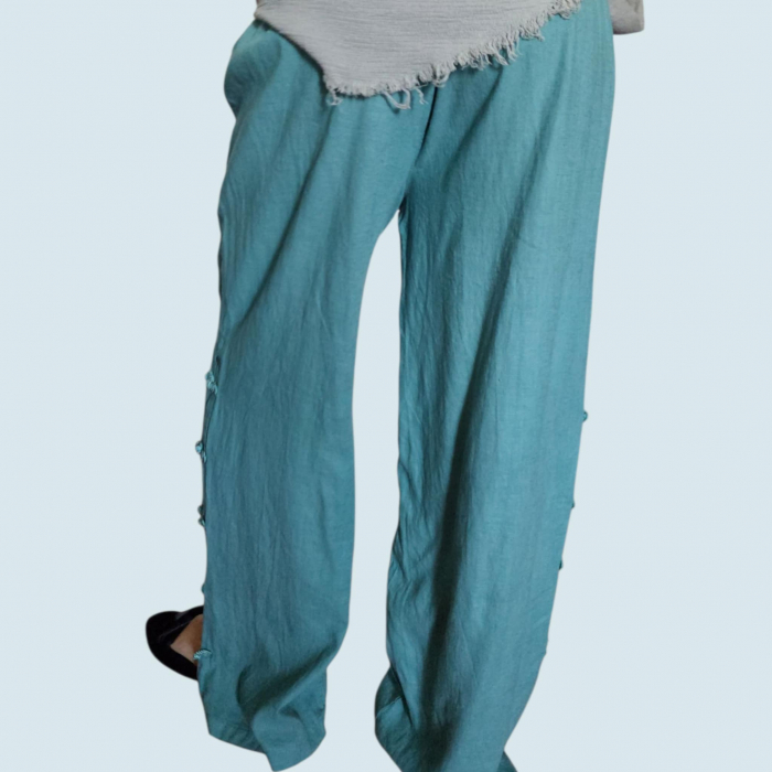 Pantaloni din In cu Modele in Parti si Banda Elastica in Talie [2]