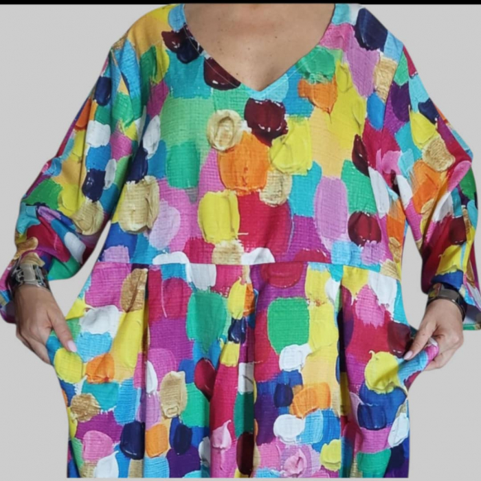 Rochie Tip Baby Doll cu Imprimeu Colorat si Buzunare [2]