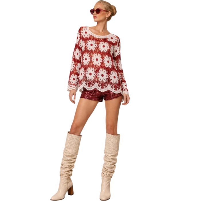 Bluza croseta alb-crem cu motive florale si insertii visinii [2]