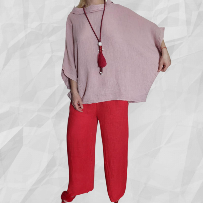 Bluza croi larg tip poncho din in roz prafuit si guler larg rotund [2]