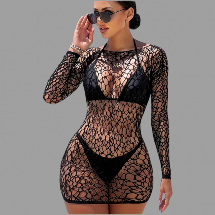 Rochie neagra  de plaja cu gauri mari si maneci lungi [2]