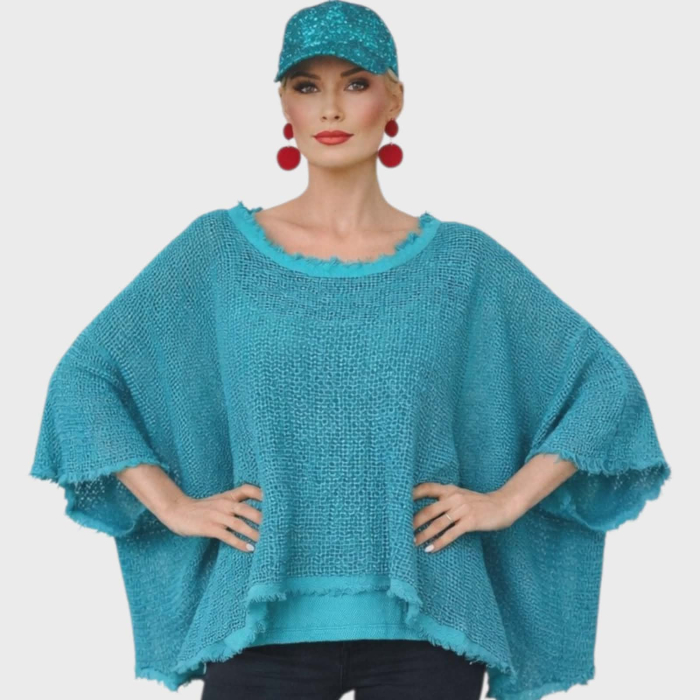 Bluza tip poncho turcoaz cu textura aerata si aspect destramat la margini [2]
